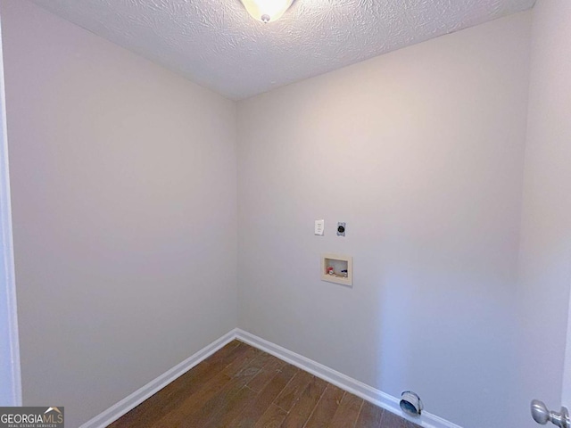 laundry room with dark wood-style flooring, washer hookup, laundry area, baseboards, and electric dryer hookup