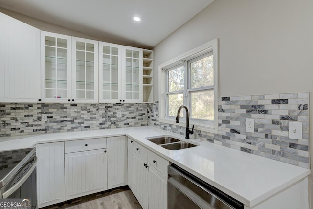 kitchen featuring decorative backsplash, glass insert cabinets, white cabinets, a sink, and stainless steel appliances