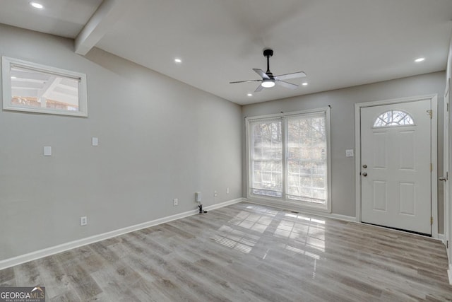 entrance foyer with baseboards, recessed lighting, light wood-style flooring, and ceiling fan