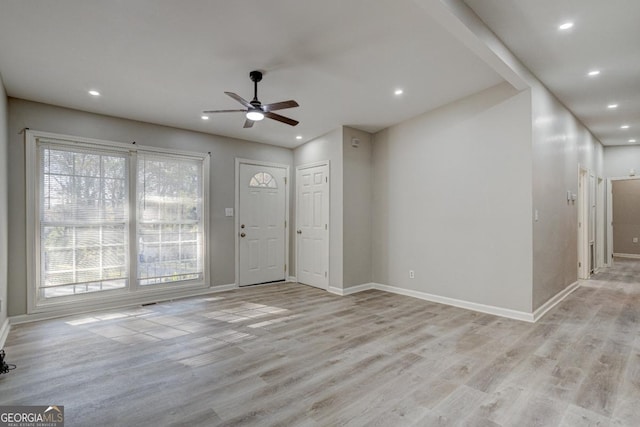 entrance foyer with baseboards, recessed lighting, light wood-style flooring, and ceiling fan