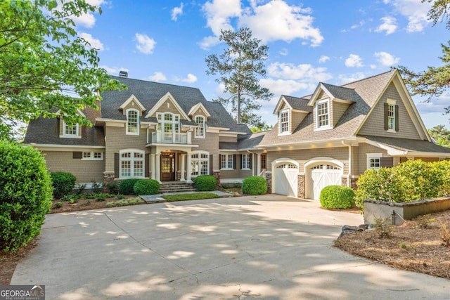 view of front facade with a shingled roof, french doors, driveway, and stone siding