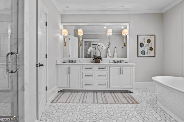 bathroom with double vanity, a freestanding bath, a sink, and a stall shower