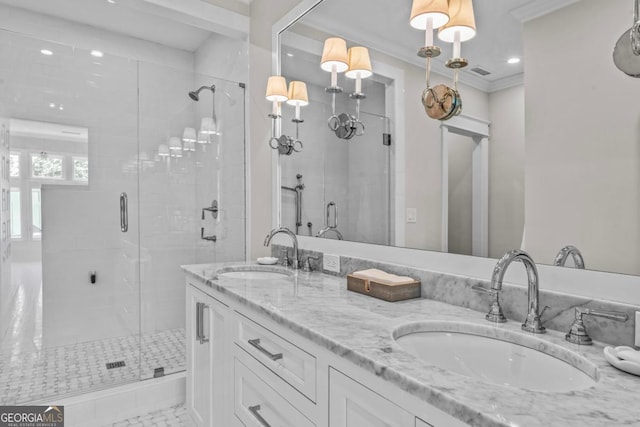 bathroom with a sink and a shower stall