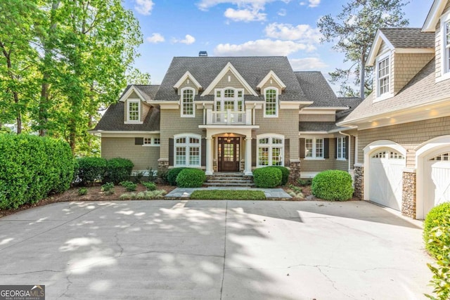 view of front facade with french doors, a shingled roof, concrete driveway, and stone siding