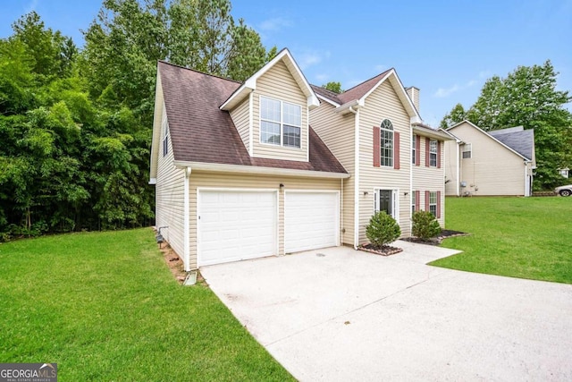 view of front of house with driveway, a chimney, a garage, a front lawn, and a shingled roof