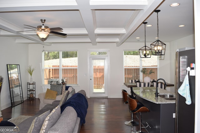 dining area with recessed lighting, beamed ceiling, coffered ceiling, and dark wood-style floors