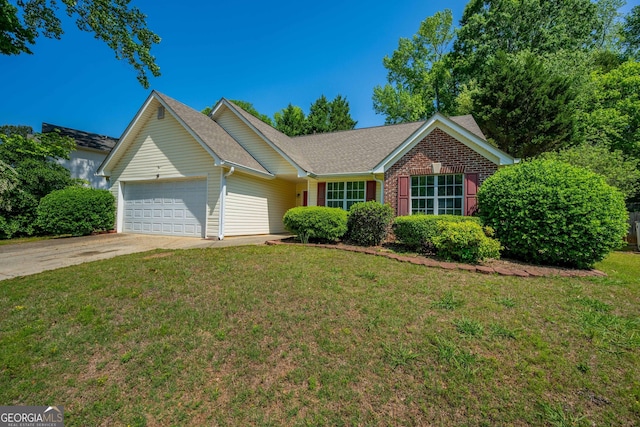 single story home featuring a garage, concrete driveway, a front yard, a shingled roof, and brick siding