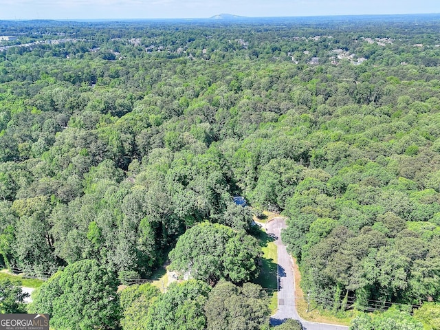 bird's eye view with a wooded view