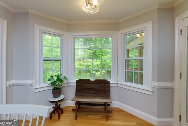 interior space featuring crown molding, baseboards, and wood finished floors