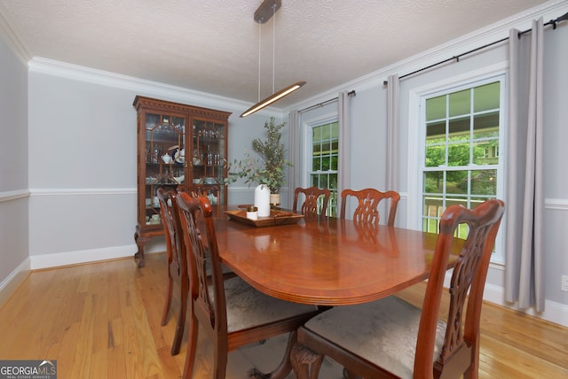 dining room featuring light wood-type flooring, ornamental molding, and a textured ceiling