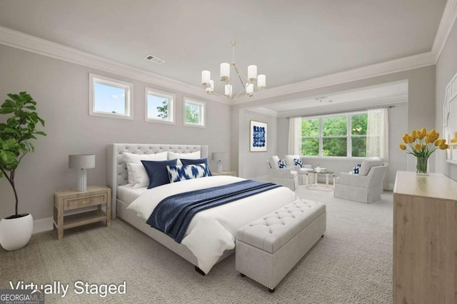 bedroom featuring an inviting chandelier, ornamental molding, visible vents, baseboards, and carpet