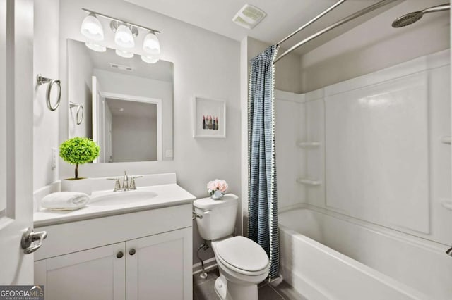 full bathroom with visible vents, shower / bath combination with curtain, toilet, and vanity