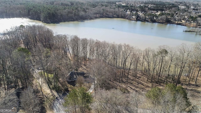 aerial view featuring a water view and a wooded view