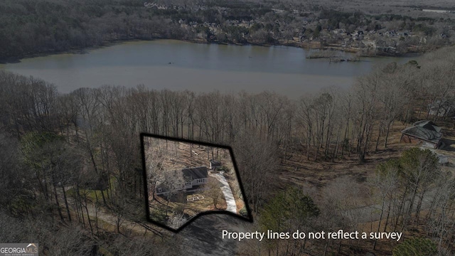 bird's eye view with a forest view and a water view