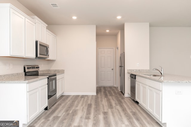 kitchen with appliances with stainless steel finishes, a sink, white cabinets, a peninsula, and light wood-style flooring