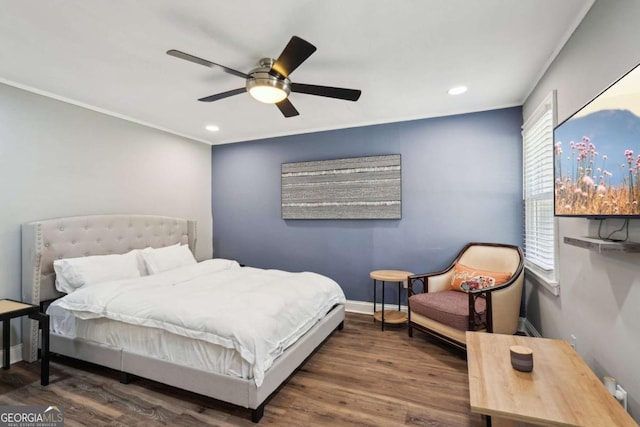 bedroom with recessed lighting, a ceiling fan, baseboards, and wood finished floors