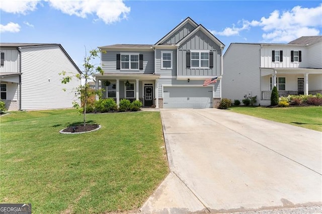 view of front facade featuring board and batten siding, driveway, a porch, and a front lawn