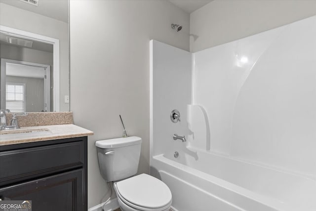 bathroom with toilet, visible vents, shower / tub combination, and vanity