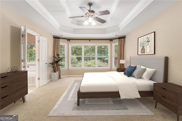 1235 Legend Run, Alpharetta, GA 30005 - bedroom with light carpet, ornamental molding, a raised ceiling, ceiling fan, and ensuite bathroom