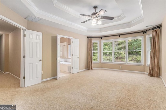 1235 Legend Run, Alpharetta, GA 30005 - unfurnished bedroom with carpet, a raised ceiling, crown molding, ensuite bath, and a ceiling fan