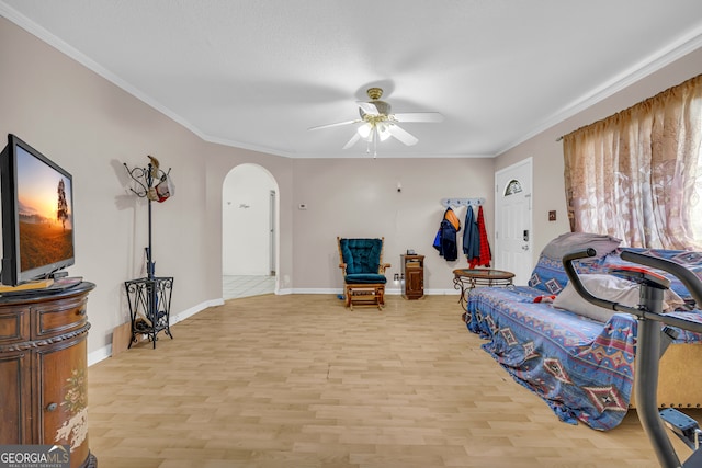 415 Scenic Dr, Toccoa, GA 30577 - living room with light wood finished floors, arched walkways, a ceiling fan, baseboards, and ornamental molding