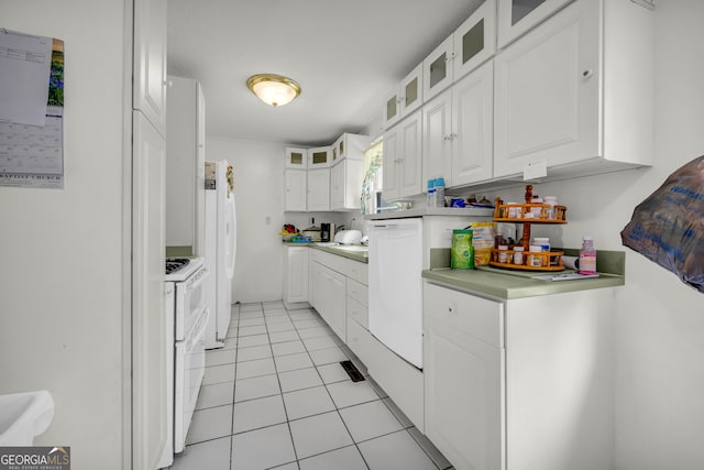 415 Scenic Dr, Toccoa, GA 30577 - kitchen featuring light tile patterned floors, white cabinets, light countertops, white appliances, and glass insert cabinets