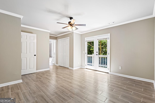 760 Swan Ln, Canton, GA 30115 - empty room featuring french doors, ceiling fan, wood finished floors, and crown molding