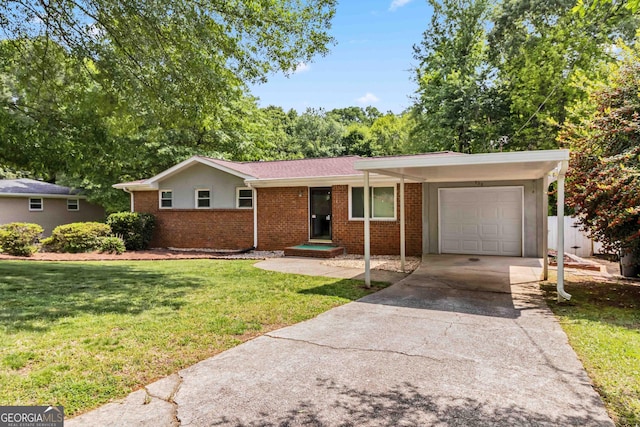 ranch-style house with brick siding, an attached garage, driveway, and a front yard