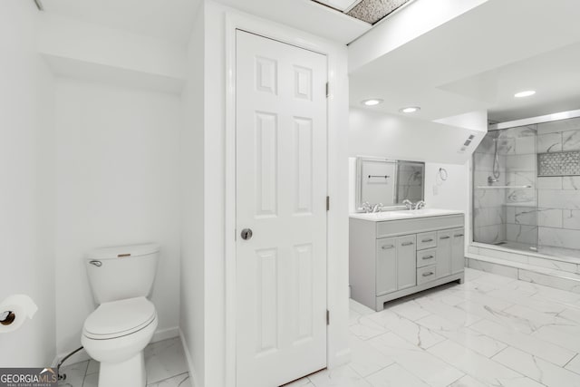 bathroom featuring vanity, marble finish floor, toilet, recessed lighting, and a marble finish shower