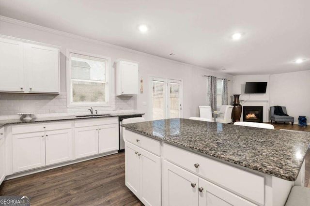 108 Berwick Xing, Dallas, GA 30157 - kitchen with a sink, crown molding, backsplash, and a wealth of natural light