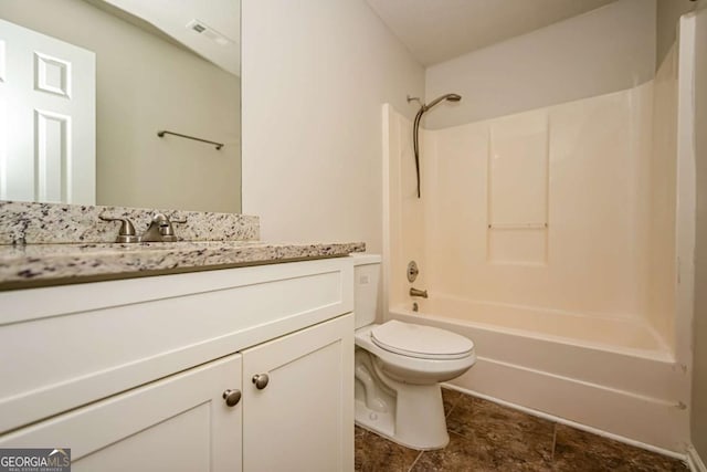 bathroom featuring vanity, toilet,  shower combination, and visible vents