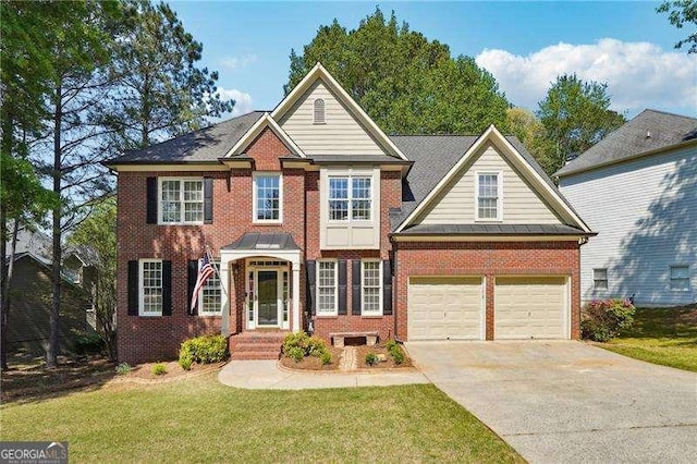view of front facade featuring an attached garage, concrete driveway, a front lawn, and brick siding