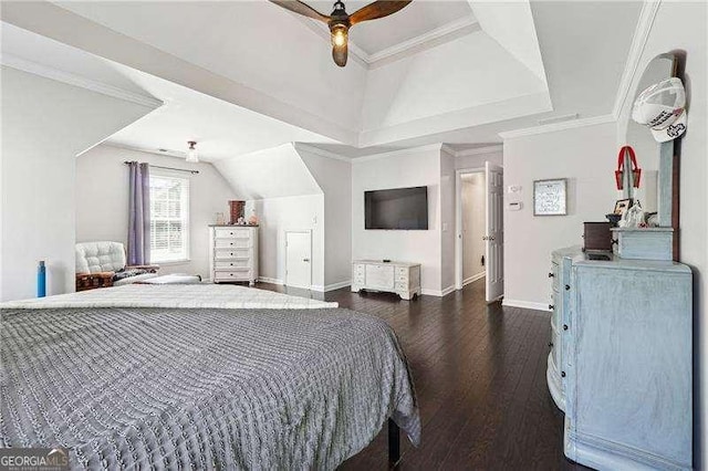 bedroom featuring dark wood-type flooring, ornamental molding, baseboards, and a ceiling fan