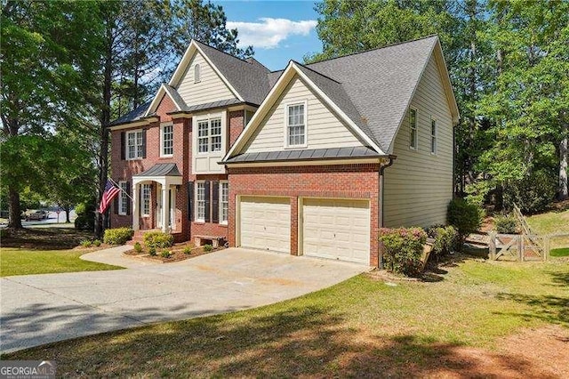 view of front facade featuring concrete driveway, brick siding, a front lawn, and a garage