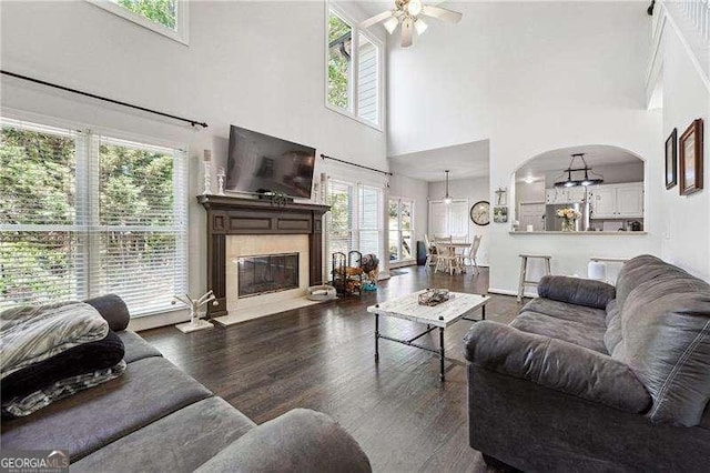 living area with a ceiling fan, a fireplace with flush hearth, a wealth of natural light, and wood finished floors