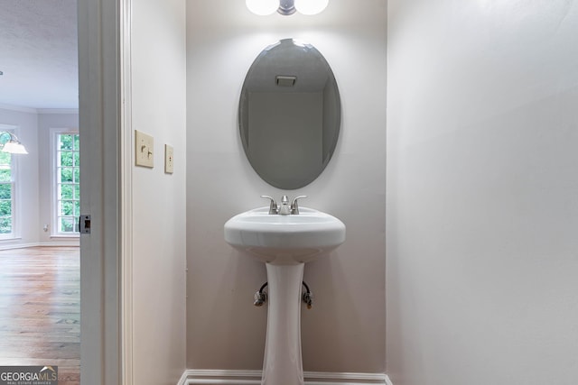 bathroom with baseboards, ornamental molding, and wood finished floors