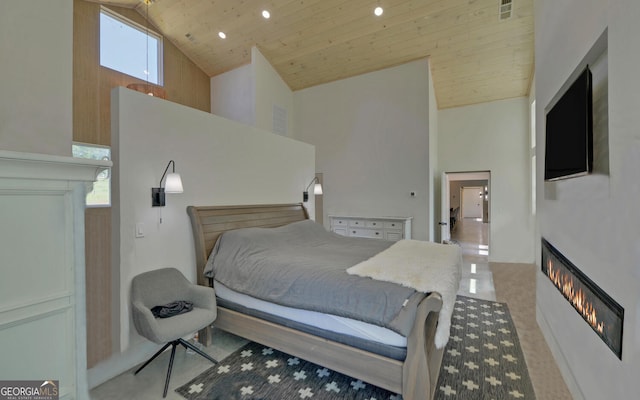 280 Hidden Point Rd, Hartwell, GA 30643 - bedroom featuring a lit fireplace, high vaulted ceiling, visible vents, and wood ceiling