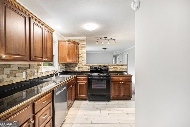 kitchen with black electric range, ornamental molding, a sink, and dishwasher