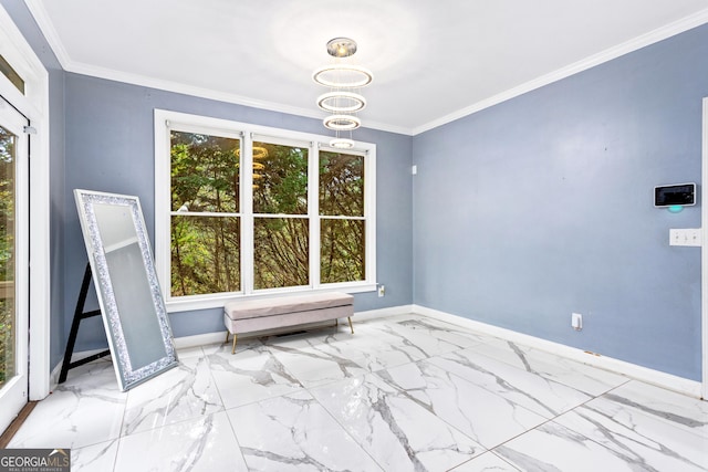 1114 Ivey Chase Pl, Dacula, GA 30019 - unfurnished room featuring baseboards, crown molding, marble finish flooring, and a chandelier