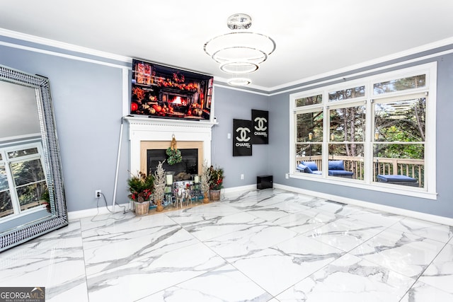 1114 Ivey Chase Pl, Dacula, GA 30019 - unfurnished living room with a glass covered fireplace, ornamental molding, baseboards, and marble finish flooring