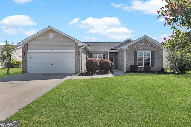 ranch-style house featuring brick siding, a garage, a front yard, and concrete driveway
