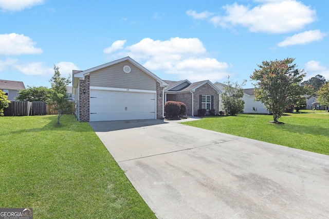 ranch-style house with fence, an attached garage, brick siding, a front yard, and concrete driveway