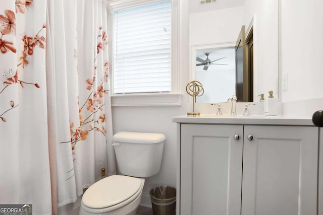 3272 Stillwood Dr, Atlanta, GA 30354 - bathroom with ceiling fan, vanity, toilet, a shower with shower curtain, and visible vents