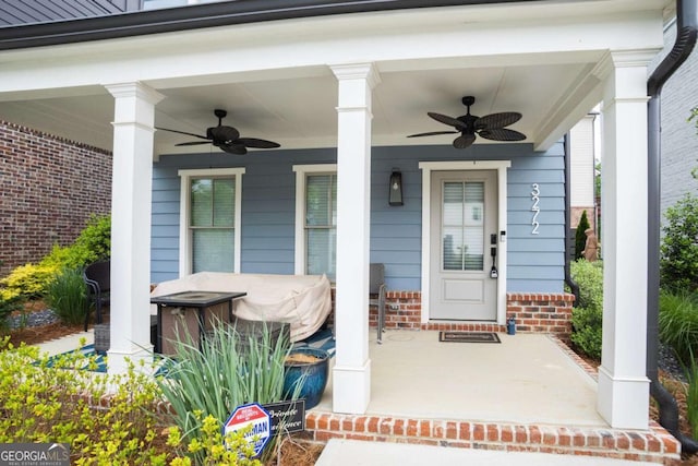 3272 Stillwood Dr, Atlanta, GA 30354 - entrance to property featuring covered porch, ceiling fan, and brick siding