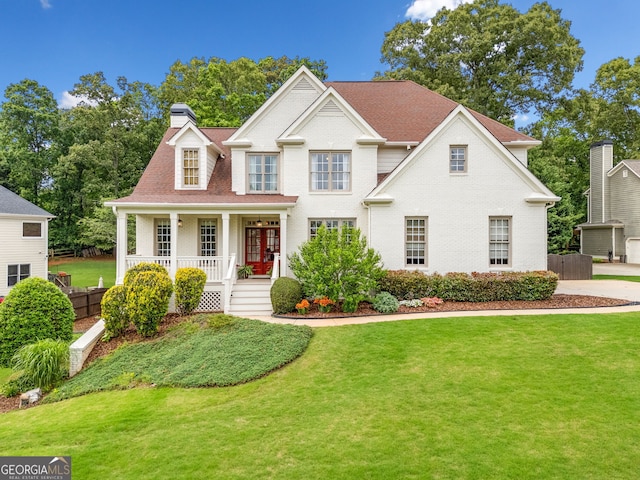view of front of property with a porch, a chimney, a front yard, brick siding, and fence