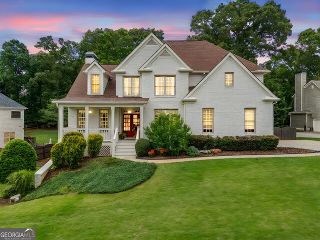 view of front of home featuring fence, covered porch, a chimney, and a yard