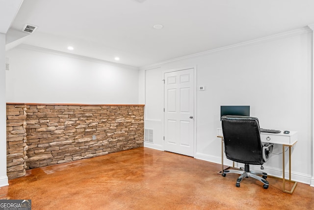 office space featuring visible vents and crown molding