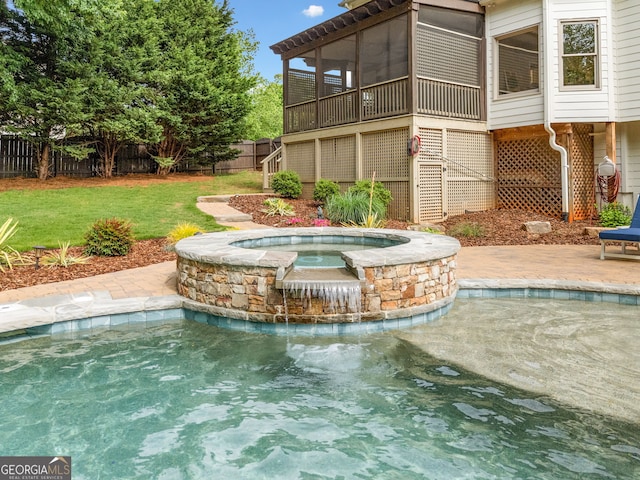 view of pool with a patio, a fenced backyard, a sunroom, a lawn, and a pool with connected hot tub