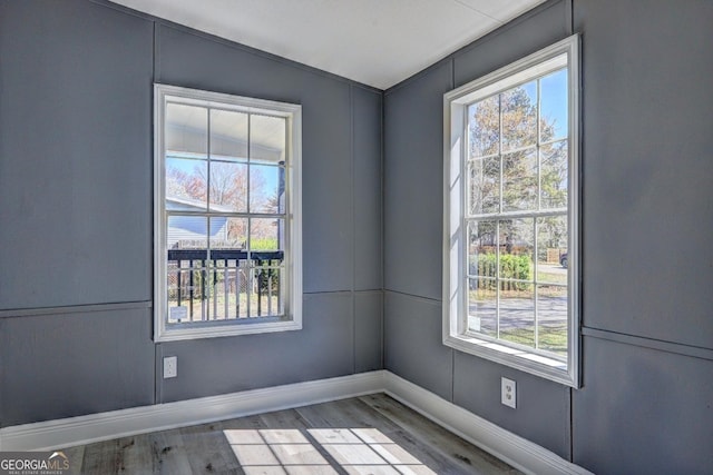 spare room featuring baseboards, plenty of natural light, and wood finished floors