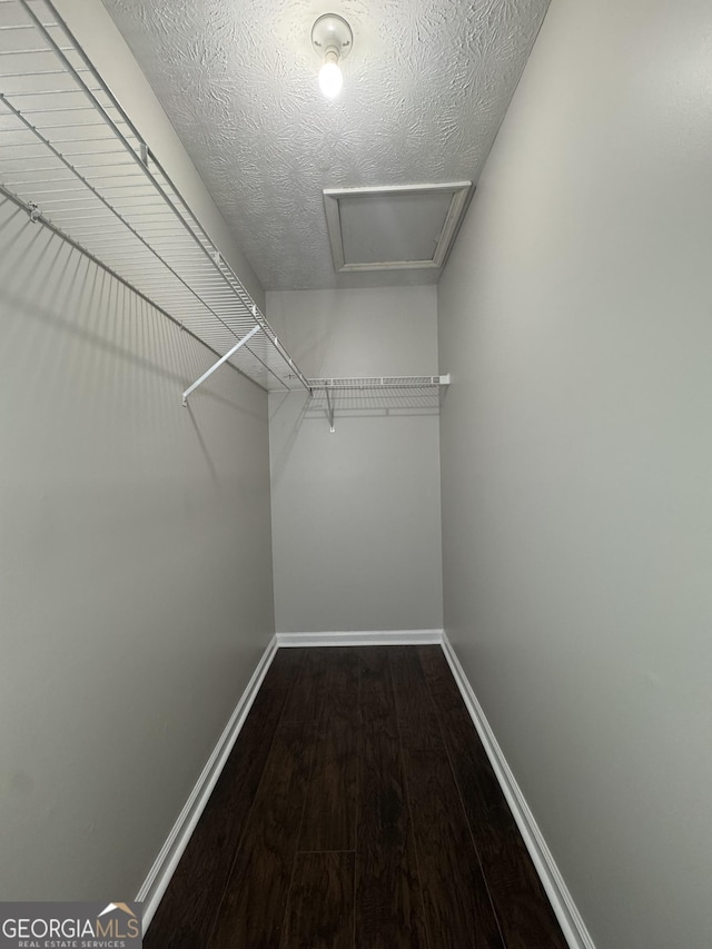 spacious closet with attic access and dark wood finished floors